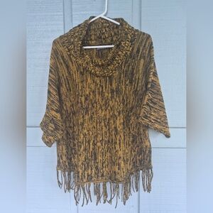 Cowl Neck Sweater in Black and Tan With A Pointed Fringed Hem Size L Boho Hippie